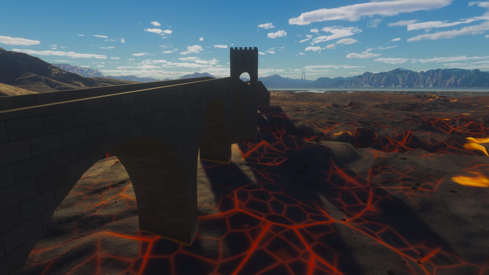 Arched bridge and gatehouse over the lava