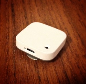 A non-functioning prototype of the Memoto device, which can be clipped onto clothing or worn as a necklace. Working models are due to be shipped out in early April.